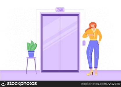 Employee in office hall flat vector illustration. Staff member waiting for elevator. Office corridor interior. Worker going to meeting. Candidate heading to interview. Businesswoman cartoon character. Employee in office hall flat vector illustration