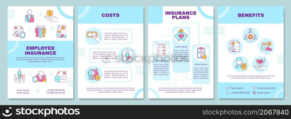 Employee insurance brochure template. Health care. Booklet print design with linear icons. Vector layouts for presentation, annual reports, ads. Arial-Black, Myriad Pro-Regular fonts used. Employee insurance brochure template