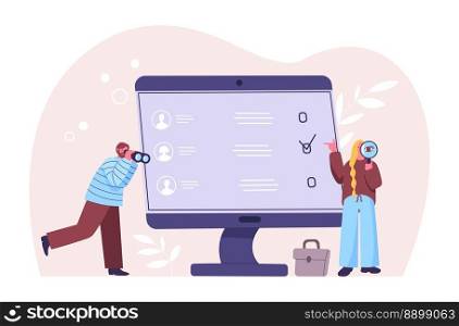 Employee, job and candidate search. Man and woman HR workers looking for new colleague with magnifying glass. Cartoon people reviewing list of candidates, resume on desktop screen vector. Employee, job and candidate search. Man and woman HR workers looking for new colleague with magnifying glass