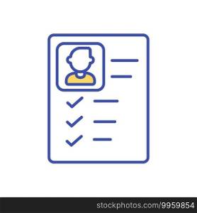 Employee job application RGB color icon. Personal information. Document with private data. Customer, client report. Checklist of requirements. Recruitment form. Isolated vector illustration. Employee job application RGB color icon