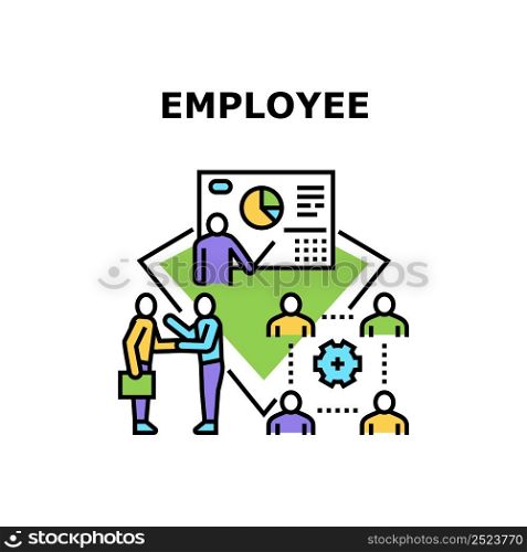 Employee Job Vector Icon Concept. Employee Job For Presenting Financial Report Or Analysis Trade Market, Businessman Communication With Partner On Conference And Meeting Color Illustration. Employee Job Vector Concept Color Illustration