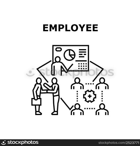 Employee Job Vector Icon Concept. Employee Job For Presenting Financial Report Or Analysis Trade Market, Businessman Communication With Partner On Conference And Meeting Black Illustration. Employee Job Vector Concept Black Illustration