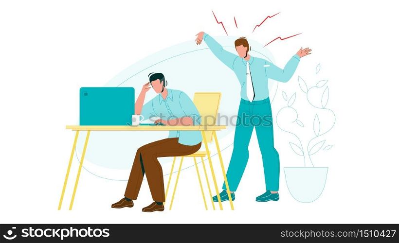 Employee Man Exhausted By Boss Screaming Vector. Tired Guy Sitting At Table And Holding Head Suffers From Headache, Depressed Or Exhausted By Loud. Characters Flat Cartoon Illustration. Employee Man Exhausted By Boss Screaming Vector