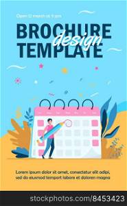 Employee marking deadline day. Man with pencil appointing date of event and making note in calendar. Vector illustration for schedule, agenda, time management concept