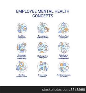 Employee mental health concept icons set. Workers resilience. Caring work environment idea thin line color illustrations. Isolated symbols. Editable stroke. Roboto-Medium, Myriad Pro-Bold fonts used. Employee mental health concept icons set
