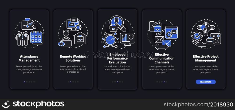 Employee monitoring advantages dark onboarding mobile app page screen. Work tracking walkthrough 5 steps graphic instructions with concepts. UI, UX, GUI vector template with night mode illustrations. Employee monitoring advantages dark onboarding mobile app page screen