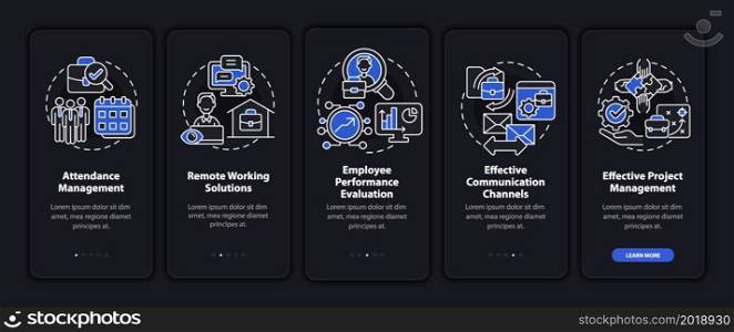 Employee monitoring advantages dark onboarding mobile app page screen. Work tracking walkthrough 5 steps graphic instructions with concepts. UI, UX, GUI vector template with night mode illustrations. Employee monitoring advantages dark onboarding mobile app page screen