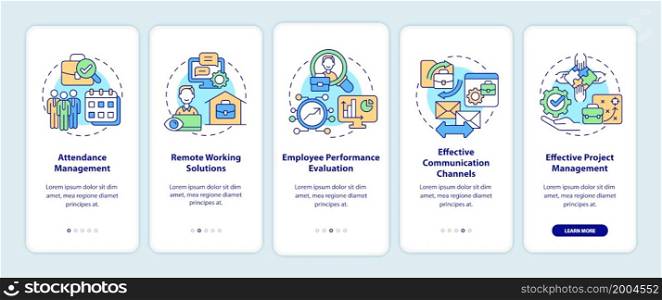 Employee monitoring advantages onboarding mobile app page screen. Work tracking walkthrough 5 steps graphic instructions with concepts. UI, UX, GUI vector template with linear color illustrations. Employee monitoring advantages onboarding mobile app page screen