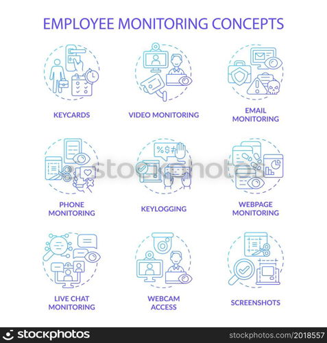 Employee monitoring blue gradient concept icons set. Workplace surveillance. Corporate tracking software. Work control idea thin line color illustrations. Vector isolated outline drawings. Employee monitoring blue gradient concept icons set