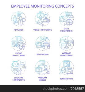 Employee monitoring blue gradient concept icons set. Workplace surveillance. Corporate tracking software. Work control idea thin line color illustrations. Vector isolated outline drawings. Employee monitoring blue gradient concept icons set