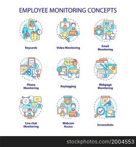 Employee monitoring concept icons set. Workplace surveillance. Corporate tracking software. Work control idea thin line color illustrations. Vector isolated outline drawings. Editable stroke. Employee monitoring concept icons set