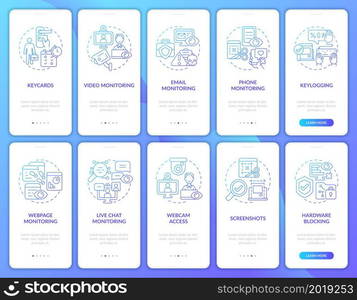 Employee monitoring gradient onboarding mobile app page screen. Work tracking walkthrough 5 steps graphic instructions with concepts. UI, UX, GUI vector template with linear color illustrations. Employee monitoring gradient onboarding mobile app page screen