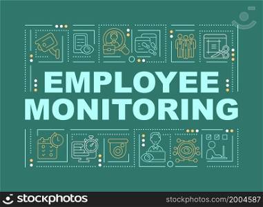 Employee monitoring methods word concepts banner. Tracking productivity. Infographics with linear icons on green background. Isolated creative typography. Vector outline color illustration with text. Employee monitoring methods word concepts banner