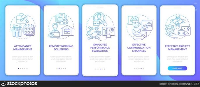 Employee monitoring pros onboarding mobile app page screen. Work tracking walkthrough 5 steps graphic instructions with concepts. UI, UX, GUI vector template with linear color illustrations. Employee monitoring pros onboarding mobile app page screen
