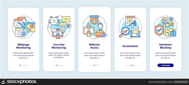 Employee monitoring software features onboarding mobile app page screen. Work control walkthrough 5 step graphic instructions with concepts. UI, UX, GUI vector template with linear color illustrations. Employee monitoring software features onboarding mobile app page screen