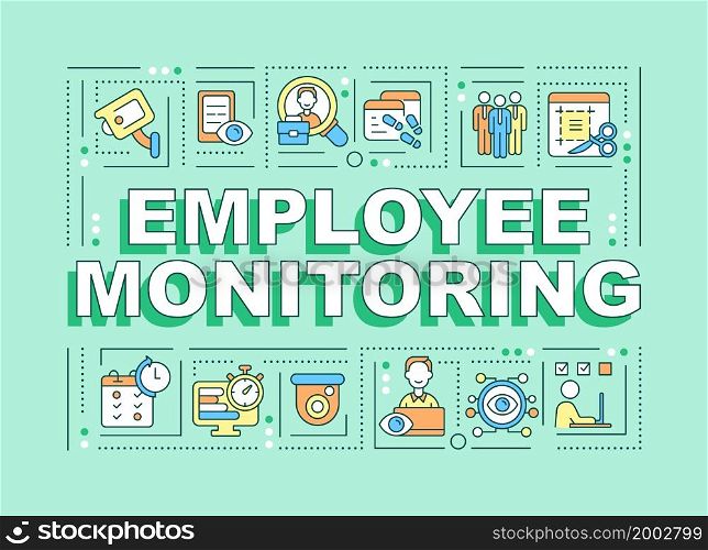 Employee monitoring word concepts banner. Tracking productivity. Infographics with linear icons on green background. Isolated creative typography. Vector outline color illustration with text. Employee monitoring word concepts banner