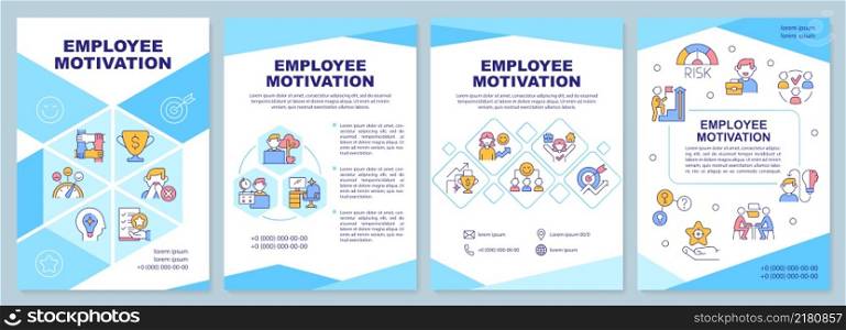 Employee motivation blue brochure template. Increasing productivity. Leaflet design with linear icons. 4 vector layouts for presentation, annual reports. Arial-Black, Myriad Pro-Regular fonts used. Employee motivation blue brochure template