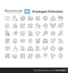 Employee motivation linear icons set. Job satisfaction. Positive attitude. Workplace wellness. Team building. Customizable thin line symbols. Isolated vector outline illustrations. Editable stroke. Employee motivation linear icons set