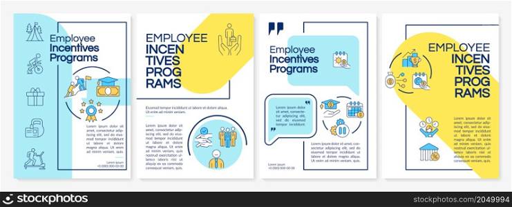 Employee motivation programs brochure template. Booklet print design with linear icons. Vector layouts for presentation, annual reports, advertisement. Questrial-Regular, Lato-Regular fonts used. Employee motivation programs brochure template