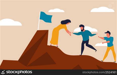 Employee mountain help and risk climbing. Leadership motivation and opportunity cooperation vector illustration concept. Friendship helping and assistance group people. Teamwork target and strategy
