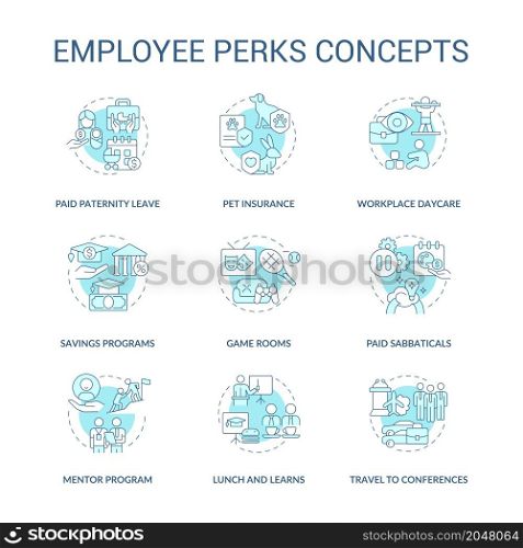 Employee non-wage benefits concept icons set. Job advantages. Staff bonuses idea thin line color illustrations. Isolated outline drawings. Editable stroke. Roboto-Medium, Myriad Pro-Bold fonts used. Employee non-wage benefits concept icons set