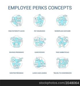 Employee non-wage benefits concept icons set. Job advantages. Staff bonuses idea thin line color illustrations. Isolated outline drawings. Editable stroke. Roboto-Medium, Myriad Pro-Bold fonts used. Employee non-wage benefits concept icons set