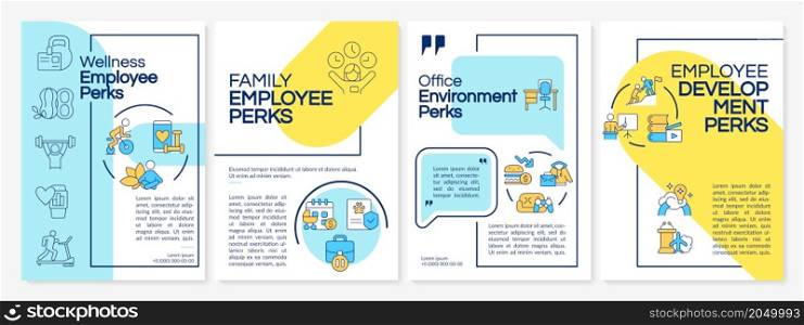 Employee non-wage offerings brochure template. Booklet print design with linear icons. Vector layouts for presentation, annual reports, advertisement. Questrial-Regular, Lato-Regular fonts used. Employee non-wage offerings brochure template