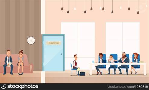 Employee on Sofa. Job Interview Process in Office. People Wait in Corridor. Manager Boss in Formal Suit Talk to Male Candidate Character. Coworking Space. Cartoon Flat Vector Illustration. Employee on Sofa. Job Interview Process in Office