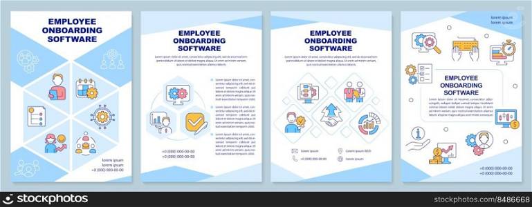 Employee onboarding software blue brochure template. Leaflet design with linear icons. Editable 4 vector layouts for presentation, annual reports. Arial-Black, Myriad Pro-Regular fonts used. Employee onboarding software blue brochure template