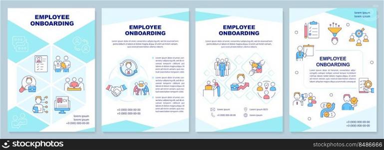 Employee onboarding turquoise brochure template. Adaptation. Leaflet design with linear icons. Editable 4 vector layouts for presentation, annual reports. Arial-Black, Myriad Pro-Regular fonts used. Employee onboarding turquoise brochure template