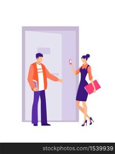 Employee opens and holds door in office. Polite male character holds door for girl employee friendship and mutual understanding in workplace warm relations in vector company.. Employee opens and holds door in office. Polite male character holds door for girl employee.
