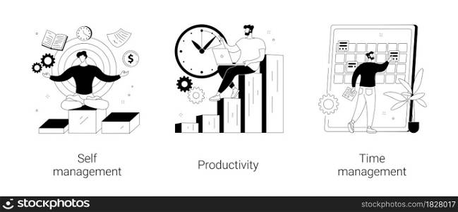 Employee performance and self-organization abstract concept vector illustration set. Self and time management, productivity, motivation software, effective job planning, control abstract metaphor.. Employee performance and self-organization abstract concept vector illustrations.