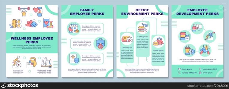 Employee perks brochure template. Staff wellness. Booklet print design with linear icons. Vector layouts for presentation, annual reports, advertisement. Arial-Black, Myriad Pro-Regular fonts used. Employee perks brochure template