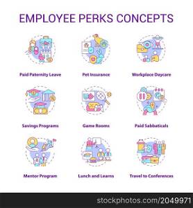 Employee perks concept icons set. Additional working advantages. Staff bonuses idea thin line color illustrations. Isolated outline drawings. Editable stroke. Roboto-Medium, Myriad Pro-Bold fonts used. Employee perks concept icons set