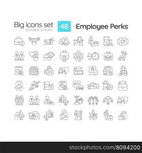 Employee perks linear icons set. Incentive program. Work environment. Increase productivity. Reward system. Customizable thin line symbols. Isolated vector outline illustrations. Editable stroke. Employee perks linear icons set