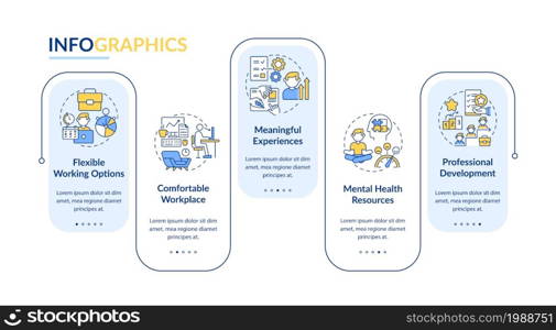 Employee perks vector infographic template. Comfortable workspace presentation outline design elements. Data visualization with 5 steps. Process timeline info chart. Workflow layout with line icons. Employee perks vector infographic template