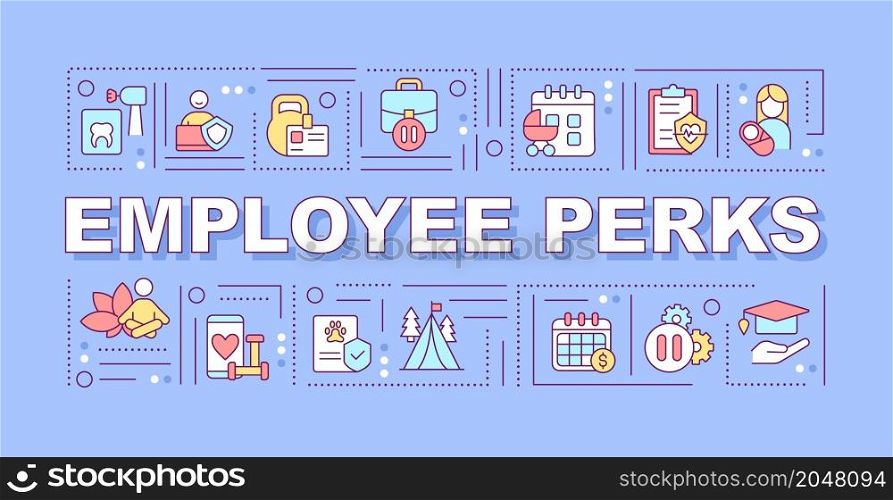 Employee perks word concepts banner. Staff non-wage benefits. Infographics with linear icons on blue background. Isolated typography. Vector outline color illustration with text. Arial-Black font used. Employee perks word concepts banner