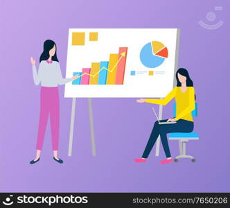 Employee presenting rising chart and diagram, report on board, woman sitting on chair with laptop, people discussion, teamwork presentation vector. Women Presenting Chart and Diagram on Board Vector