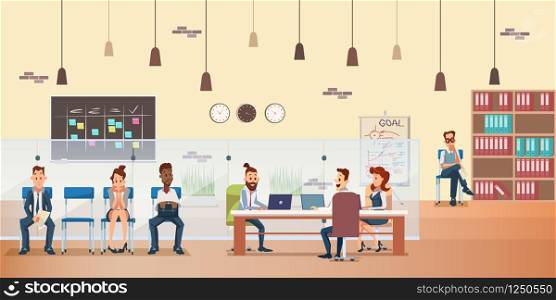 Employee Queue, People Work by Desk at Office. Candidate on Chair Wait for Job Interview. Happy Team by Computer. Coworking Creative Space Interior. Cartoon Flat Vector Illustration. Employee Queue, People Work by Desk at Office