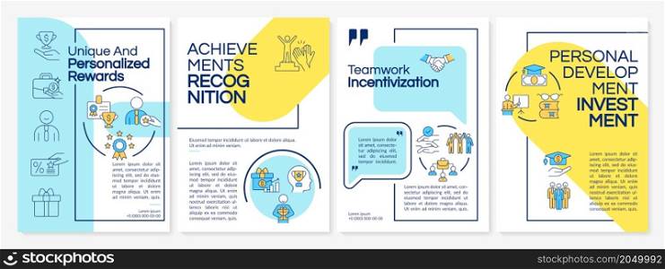Employee recognition and rewarding brochure template. Booklet print design with linear icons. Vector layouts for presentation, annual reports, advertisement. Questrial-Regular, Lato-Regular fonts used. Employee recognition and rewarding brochure template