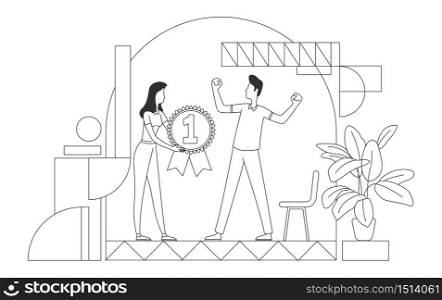 Employee recognition award thin line vector illustration. Employer and best worker outline characters on white background. Staff motivation, talent appreciation, HR management simple style drawing