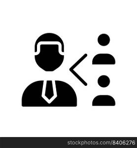 Employee referral black glyph icon. Recommend candidate for position. Human resources. Recruitment process. Silhouette symbol on white space. Solid pictogram. Vector isolated illustration. Employee referral black glyph icon