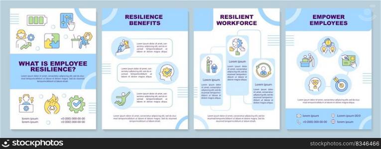 Employee resilience blue brochure template. Workers wellness. Leaflet design with linear icons. Editable 4 vector layouts for presentation, annual reports. Arial-Black, Myriad Pro-Regular fonts used. Employee resilience blue brochure template