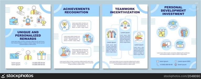 Employee rewarding incentives brochure template. Booklet print design with linear icons. Vector layouts for presentation, annual reports, advertisement. Arial-Black, Myriad Pro-Regular fonts used. Increasing employee performance with rewards brochure template