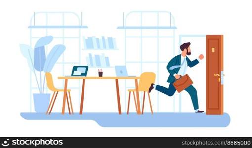 Employee runs away from office. Fast worker running . Man hurry to leaving workplace. Work day finish. Escape of job. Businessman rushing to door. Male in formal suit with briefcase. Vector concept. Employee runs away from office. Fast worker running . Man leaving workplace. Work day finish. Escape of job. Businessman rushing to door. Male in formal suit with briefcase. Vector concept