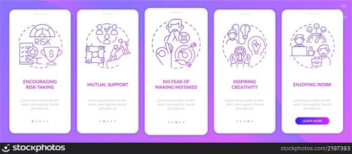 Employee satisfaction purple gradient onboarding mobile app screen. Walkthrough 5 steps graphic instructions pages with linear concepts. UI, UX, GUI template. Myriad Pro-Bold, Regular fonts used. Employee satisfaction purple gradient onboarding mobile app screen