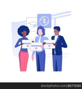 Employee scolarship isolated concept vector illustration. Group of diverse people getting student loan payment, corporate culture, company rules, tuition assistance program vector concept.. Employee scolarship isolated concept vector illustration.