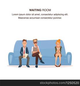 Employee Sit in Queue on Couch in Waiting Room. Worried Pensive Man and Woman Wait for Job Interview in Office. Candidate Character Wear Formal Suit. Cartoon Flat Vector Illustration. Employee Sit in Queue on Couch in Waiting Room
