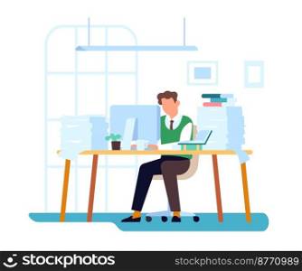 Employee sits at desk covered with papers piles. Man works at table with computer. Document pages stacks. Office worker. Professional occupation. Overworked clerk workplace. Vector paperwork concept. Employee sits at desk covered with papers piles. Man works at table with computer. Document pages stacks. Professional occupation. Overworked clerk workplace. Vector paperwork concept