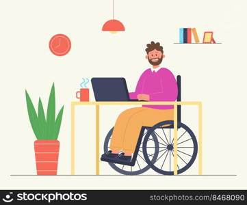 Employee sitting in wheelchair and working at home or in office. Accessibility of online work for people with disabilities flat vector illustration. Disability, employment, human resources concept. Employee sitting in wheelchair and working at home or in office